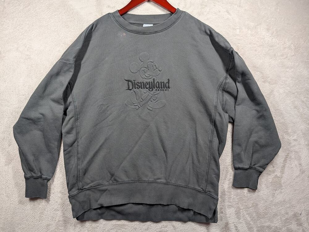 Disneyland Resort Mickey Mouse Embossed Logo Charcoal Gray Crewneck Size SMALL *